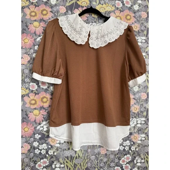 Lipsy Brown White Contrast Peter Pan Collar Pearl Embellished Top XL - Picture 1 of 13